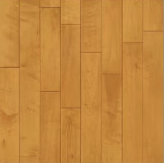 Laminate wood flooring with honey-brown planks in random offset pattern
