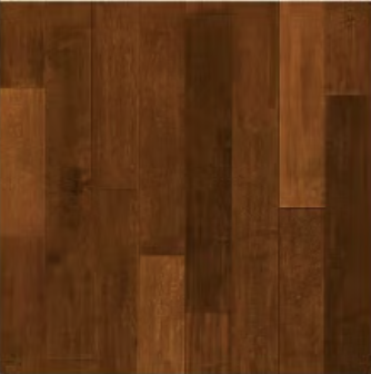 Hardwood flooring with medium-to-dark brown stained wood planks in random width pattern