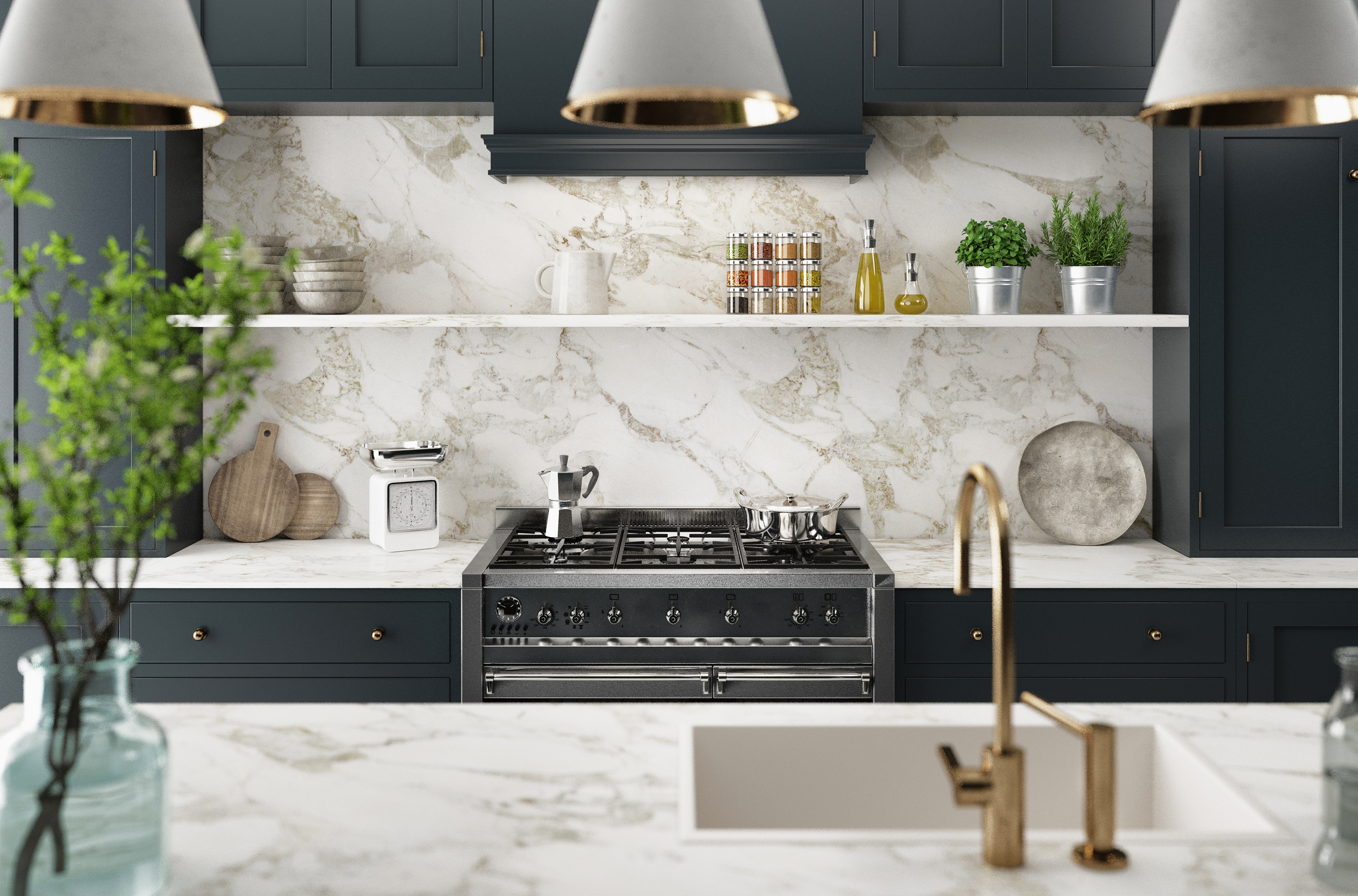 Modern kitchen with dark cabinets, marble backsplash, black range stove, and white pendant lights