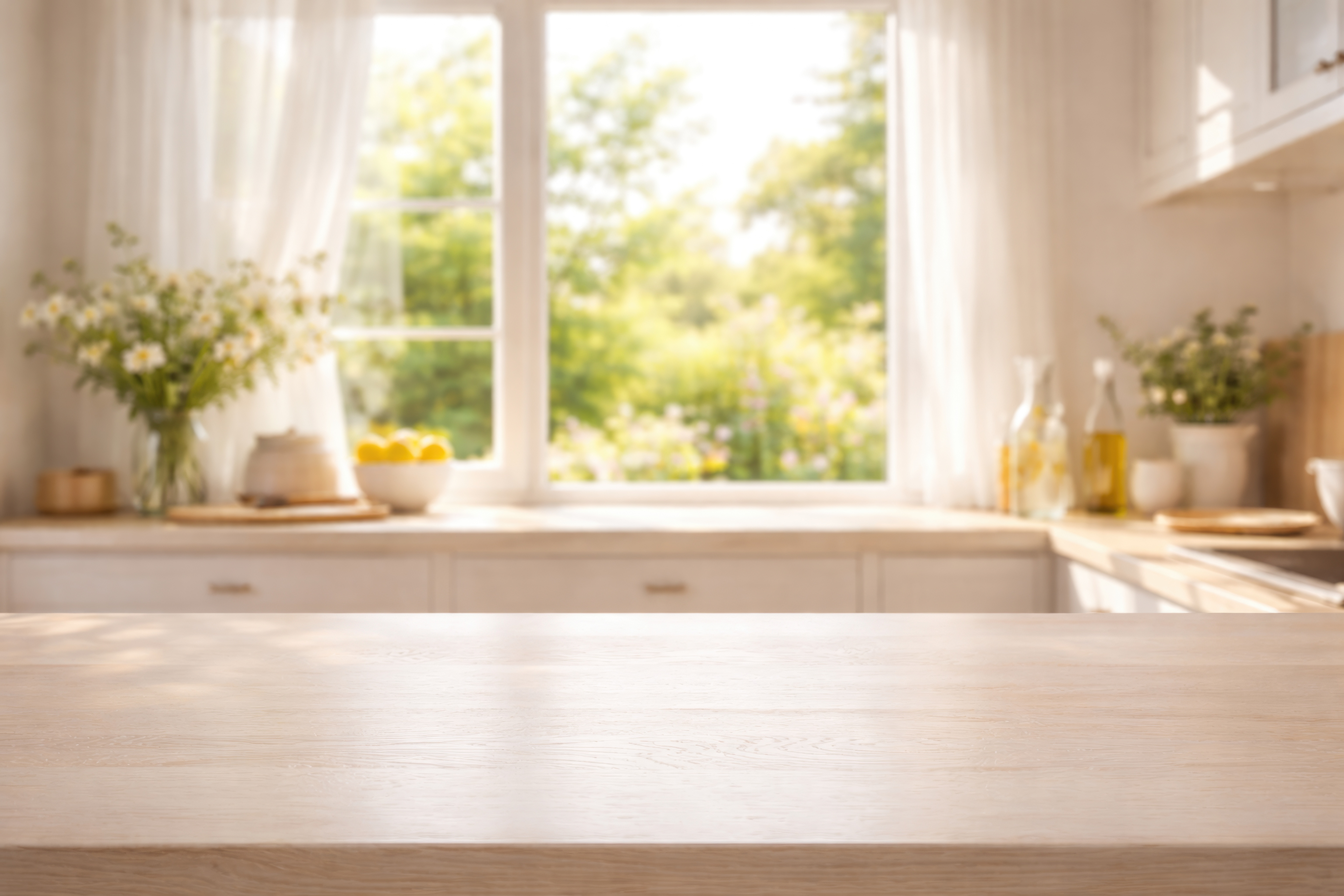 Bright kitchen counter with wooden surface overlooking window with garden view